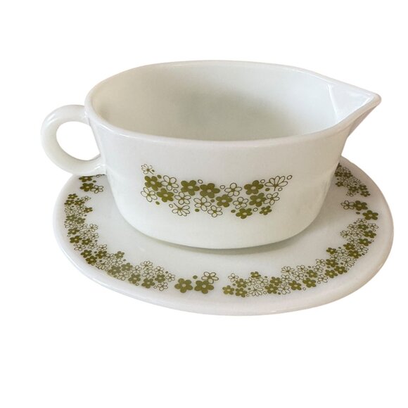 Vtg PYREX Corning Spring Blossom Milk Glass Gravy Boat Under plate Sauce Server - Picture 3 of 16